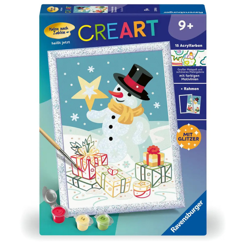 CreArt Malen-nach-Zahlen-Set: Box mit Schneemann, Geschenken und Winterlandschaft, geeignet ab 9 Jahren.