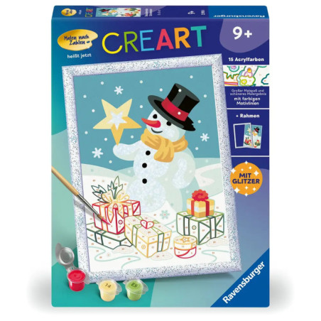 CreArt Malen-nach-Zahlen-Set: Box mit Schneemann, Geschenken und Winterlandschaft, geeignet ab 9 Jahren.