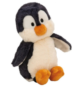 Plüschpinguin mit schwarz-weißem Fell, orangem Schnabel und Füßen sitzt aufrecht.