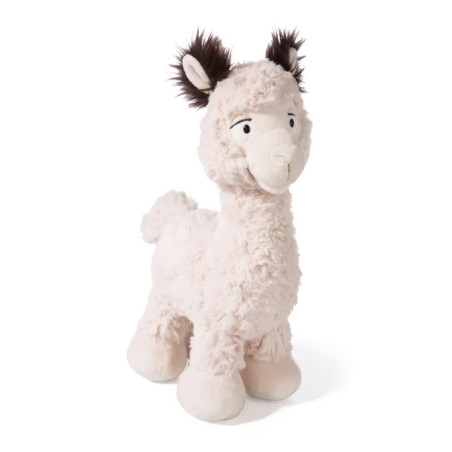 Eine Plüsch-Lama mit cremefarbenem Fell und dunkelbraunen Ohren steht auf allen vier Beinen.