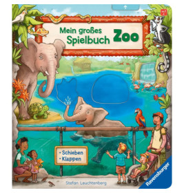 Kinder und Erwachsene beobachten Elefanten und bunte Tiere im Zoo, illustriert auf einem deutschen Aktivitätsbuch.