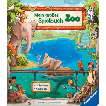 Kinder und Erwachsene beobachten Elefanten und bunte Tiere im Zoo, illustriert auf einem deutschen Aktivitätsbuch.