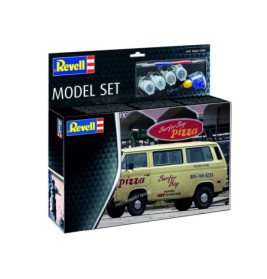 Revell-Set mit gelbem Surfer Boy Pizza Van, Farben und Pinsel auf der Verpackung abgebildet.
