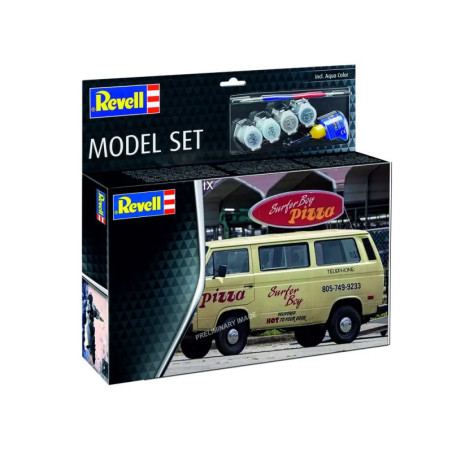 Revell-Set mit gelbem Surfer Boy Pizza Van, Farben und Pinsel auf der Verpackung abgebildet. Revell-Set mit gelbem Surfer Boy Pizza Van, Farben und Pinsel auf der Verpackung abgebildet.