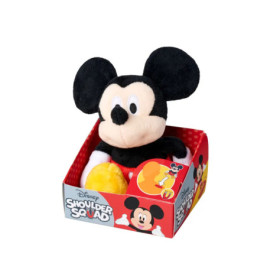 Plüsch-Mickey-Mouse in roter Disney Shoulder Squad-Box mit gelbem Etikett.