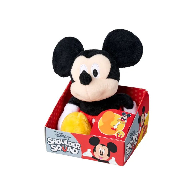 Plüsch-Mickey-Mouse in roter Disney Shoulder Squad-Box mit gelbem Etikett.