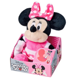 Plüsch-Minnie-Maus im rosa Kleid mit Schleife, sitzend in Disney Shoulder Squad Verpackung.