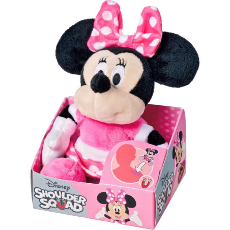 Plüsch-Minnie-Maus im rosa Kleid mit Schleife, sitzend in Disney Shoulder Squad Verpackung.