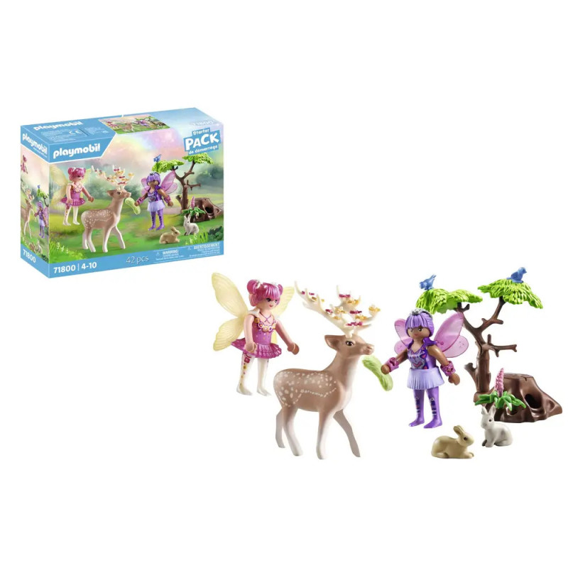 Zwei Elfenfiguren, ein Reh, Kaninchen und ein Baum mit Zubehör aus einem Playmobil-Set.