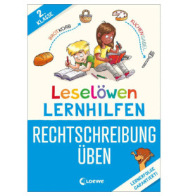 Cover eines 2. Klasse Rechtschreib-Arbeitshefts mit zwei Kindern und beschrifteten Lebensmitteln.