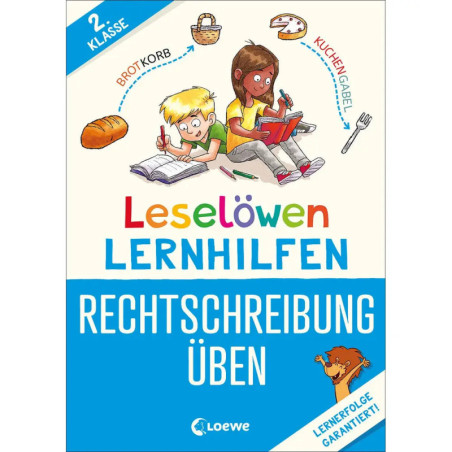 Cover eines 2. Klasse Rechtschreib-Arbeitshefts mit zwei Kindern und beschrifteten Lebensmitteln.