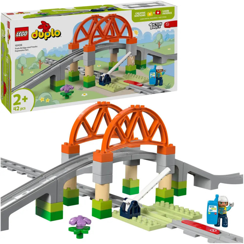 LEGO DUPLO Eisenbahn-Brückenset mit Schienen, zwei Figuren und Zubehör für Kinder ab 2 Jahren.