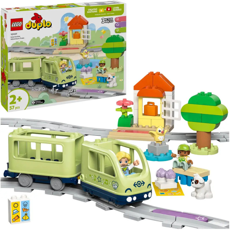 LEGO DUPLO Eisenbahnset mit zwei Waggons, Schienen, Figuren, Hund und Haus für Kinder ab 2 Jahren. LEGO DUPLO Eisenbahnset mit zwei Waggons, Schienen, Figuren, Hund und Haus für Kinder ab 2 Jahren.