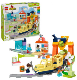 LEGO DUPLO Zugset mit Schienen, gelbem Zug, Figuren, Zubehör und Box für Kinder ab 3 Jahren.