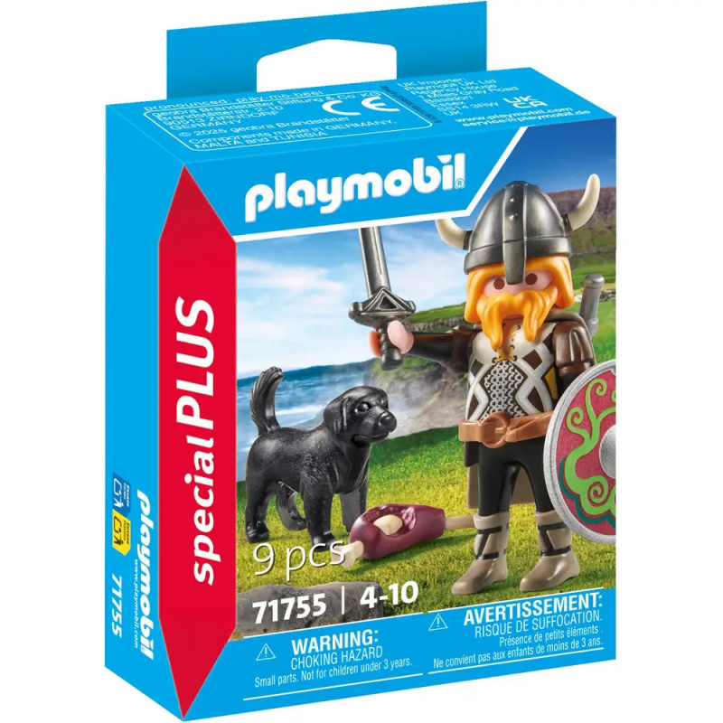 Playmobil Wikingerset mit Hund, Knochen, Schwert und Schild in blau-roter Box für Kinder ab 4 Jahren.