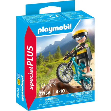 Playmobil SpecialPLUS: Mountainbiker-Figur mit blauem Rad, Naturkulisse, ab 4 Jahren, 10 Teile.