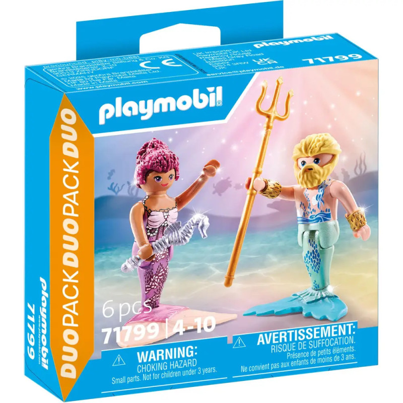Playmobil-Duopack: Meerjungfrau und Meermann mit Dreizack, geeignet für Kinder von 4-10 Jahren.