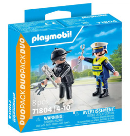 Playmobil-Box mit Polizist, der einen maskierten Dieb mit Diebesgut verhaftet.