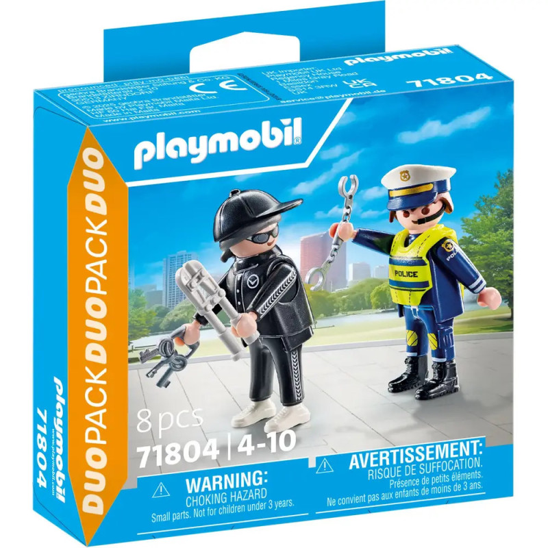Playmobil-Box mit Polizist, der einen maskierten Dieb mit Diebesgut verhaftet.