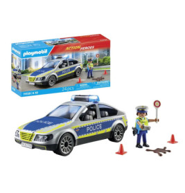 Playmobil-Polizeiauto-Set mit Figur, Kegeln, Zubehör und Verpackung im Hintergrund.
