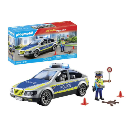 Playmobil-Polizeiauto-Set mit Figur, Kegeln, Zubehör und Verpackung im Hintergrund.
