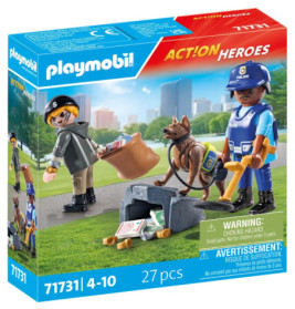 Playmobil Polizei-Set mit Polizist, Hund, Dieb, Diebesgut und Zubehör auf der Verpackung.