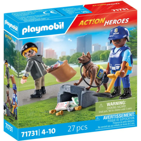 Playmobil Polizei-Set mit Polizist, Hund, Dieb, Diebesgut und Zubehör auf der Verpackung.