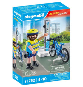 Playmobil-Polizist mit Helm und Motorrad an Ladestation, Set für Kinder von 4-10 Jahren.