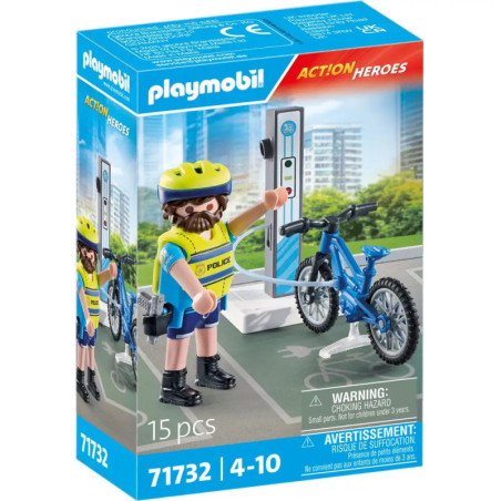 Playmobil-Polizist mit Helm und Motorrad an Ladestation, Set für Kinder von 4-10 Jahren.