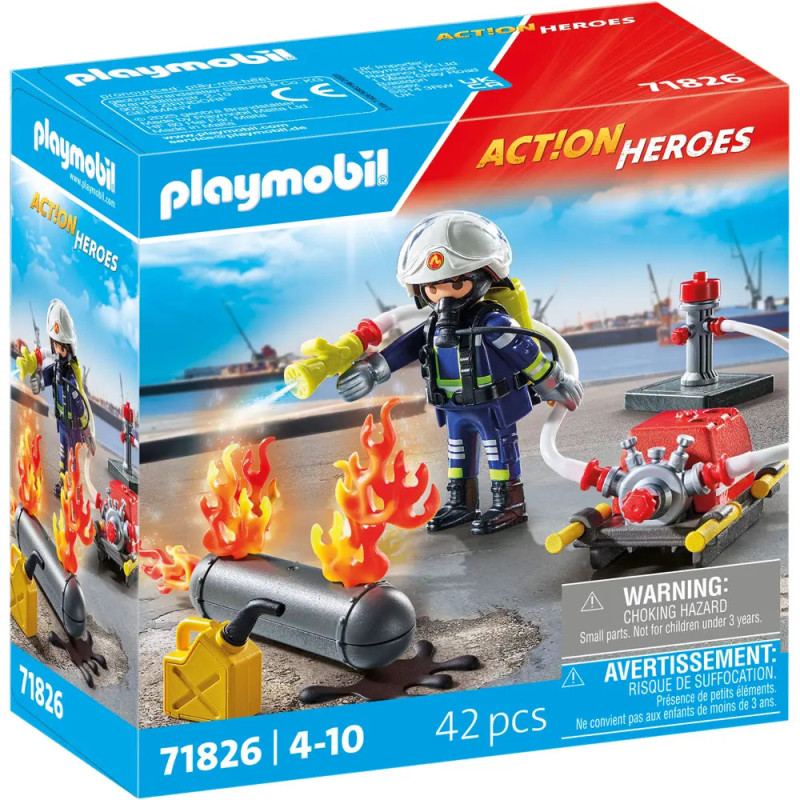 Playmobil Feuerwehrmann mit Schlauch löscht Feuer; 42 Teile, geeignet für Kinder von 4-10 Jahren. Playmobil Feuerwehrmann mit Schlauch löscht Feuer; 42 Teile, geeignet für Kinder von 4-10 Jahren.