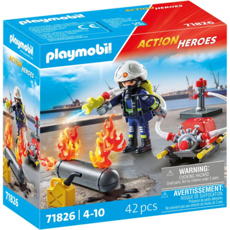Playmobil Feuerwehrmann mit Schlauch löscht Feuer 42 Teile, geeignet für Kinder von 4-10 Jahren.
