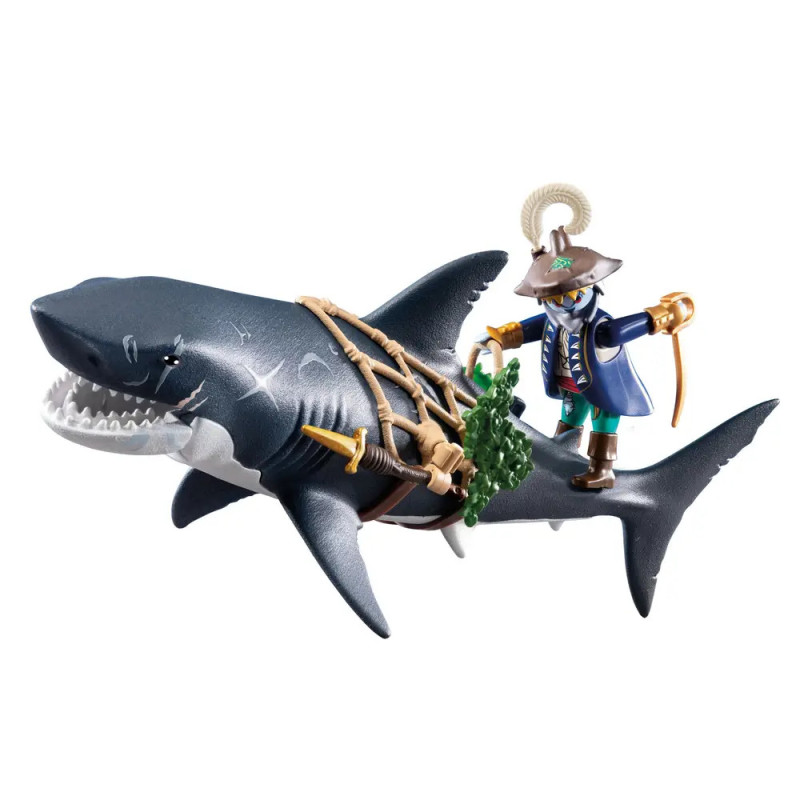 Playmobil-Pirat reitet auf großem Hai, hält Schwert und Bogen Ausrüstung am Hai befestigt. Playmobil-Pirat reitet auf großem Hai, hält Schwert und Bogen Ausrüstung am Hai befestigt.