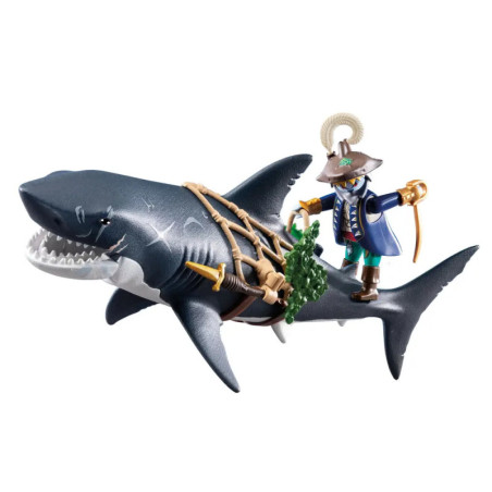 Playmobil-Pirat reitet auf großem Hai, hält Schwert und Bogen Ausrüstung am Hai befestigt.