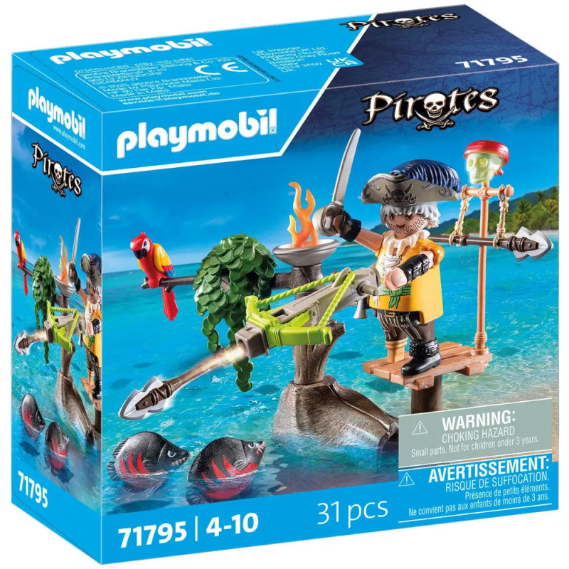Playmobil Piraten-Set: Box mit Pirat, Schwert, Kanone und Papagei am Meer.