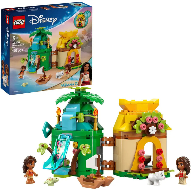 LEGO Disney Vaiana 2 Set mit zwei Hütten, Figuren, Rutsche, Tieren und Box im Hintergrund.