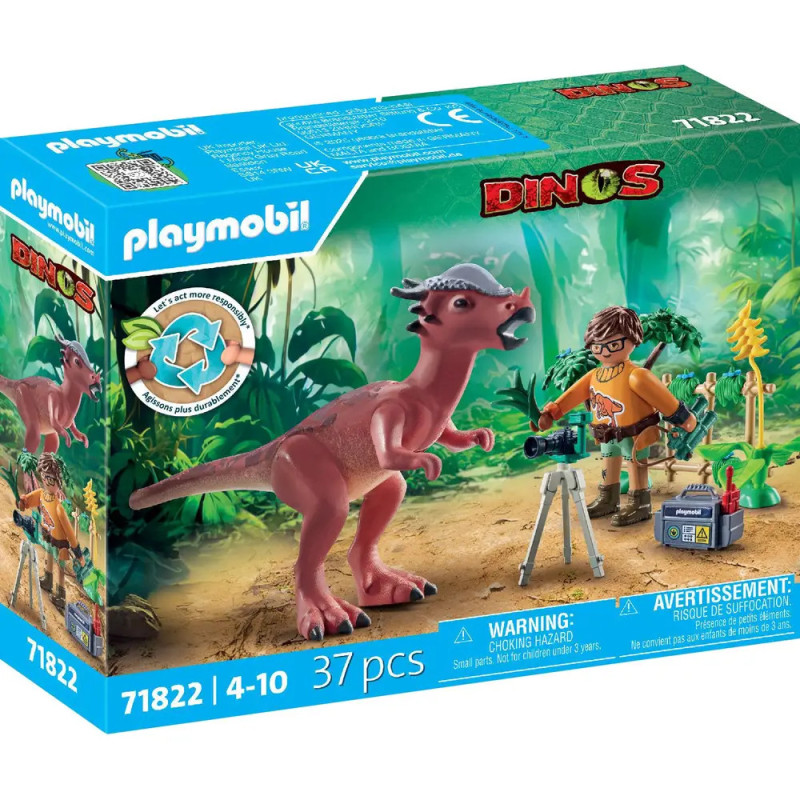 Playmobil Dinos Set mit Dinosaurier, Kind mit Brille und Kamera im Dschungel auf der Verpackung.