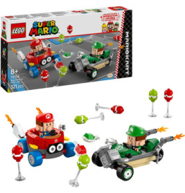 LEGO Super Mario Kart Set mit Mario- und Luigi-Figuren, Fahrzeugen, Box und Zubehör.