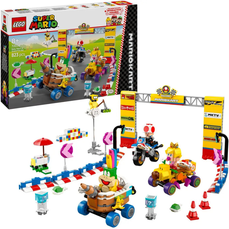 LEGO Super Mario Kart Set mit Rennwagen, Strecke, Figuren und Verpackung im Hintergrund. LEGO Super Mario Kart Set mit Rennwagen, Strecke, Figuren und Verpackung im Hintergrund.