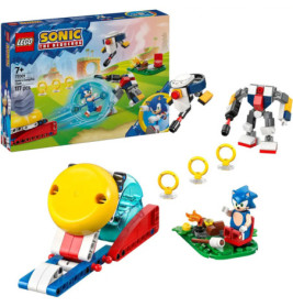 LEGO Sonic the Hedgehog Set mit Sonic, Ringen, Abschussrampe, Robotern und Verpackung.
