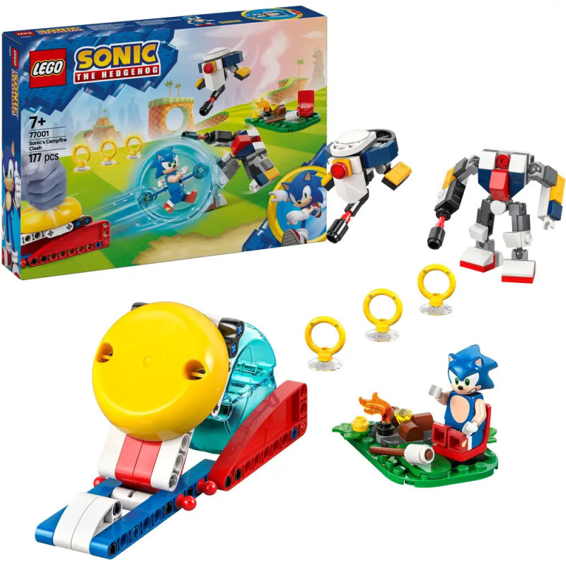 LEGO Sonic the Hedgehog Set mit Sonic, Ringen, Abschussrampe, Robotern und Verpackung.