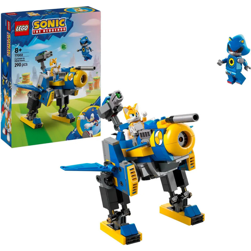 LEGO Sonic Set mit Mech, darauf eine Tails-Figur daneben ein fliegender blauer Roboter.