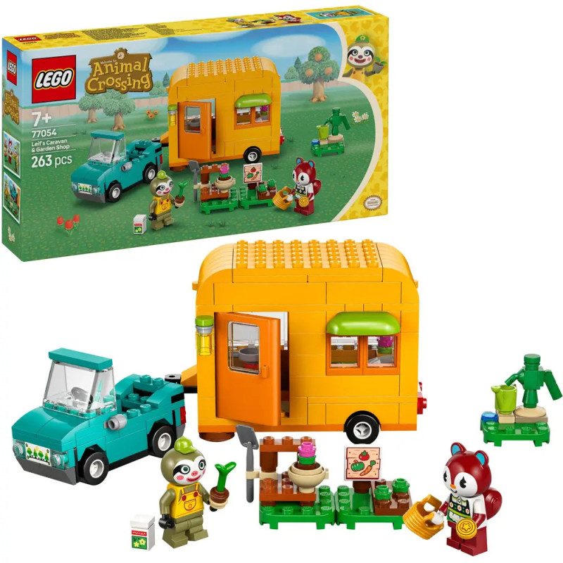 LEGO Animal Crossing Set mit gelbem Camper, grünem Auto, Figuren, Zubehör und Box im Hintergrund.