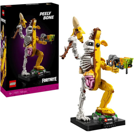 LEGO Fortnite Peely Bone Figur, halb Banane, halb Skelett, mit Waffen und Verpackung daneben.