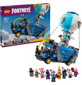 LEGO Fortnite Battle Bus Set mit Box, blauem Ballon-Bus und acht Fortnite-Minifiguren ausgestellt.