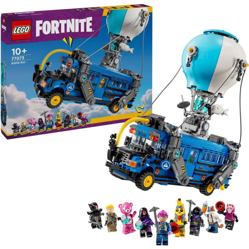 LEGO Fortnite Battle Bus Set mit Box, blauem Ballon-Bus und acht Fortnite-Minifiguren ausgestellt.