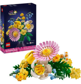LEGO-Set mit bunten Blumen und Verpackung, die den fertig aufgebauten Blumenstrauß zeigt.