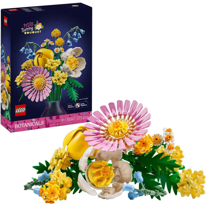 LEGO-Set mit bunten Blumen und Verpackung, die den fertig aufgebauten Blumenstrauß zeigt.