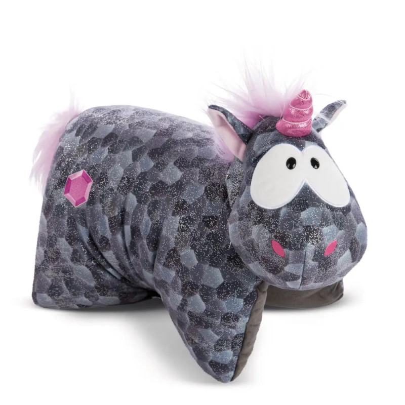 Graues und lila Plüsch-Einhornkissen mit großen Augen, rosa Horn und rosa Edelstein an der Seite.