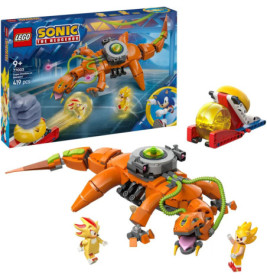 LEGO Sonic Set mit Sonic, einem orangefarbenen Roboter und weiteren baubaren Figuren und Elementen.