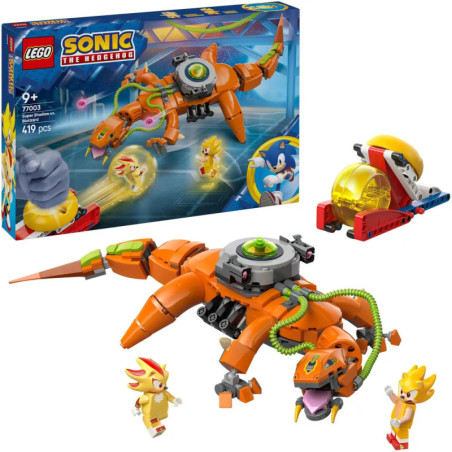 LEGO Sonic Set mit Sonic, einem orangefarbenen Roboter und weiteren baubaren Figuren und Elementen.